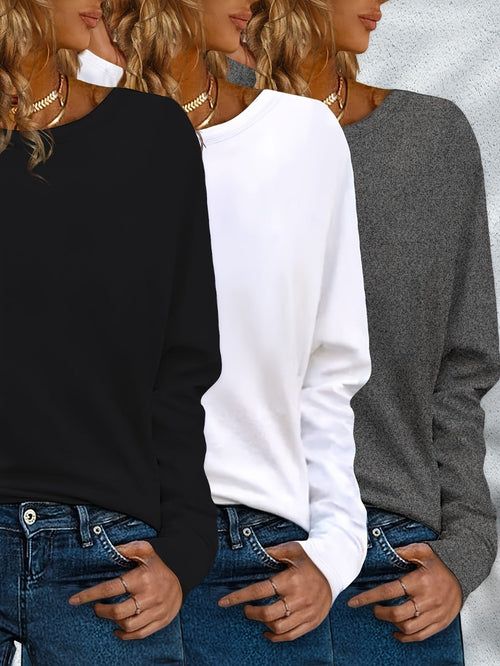 Women's Essential T-Shirt - 3-Pack Round Neck Long Sleeve Travel Style