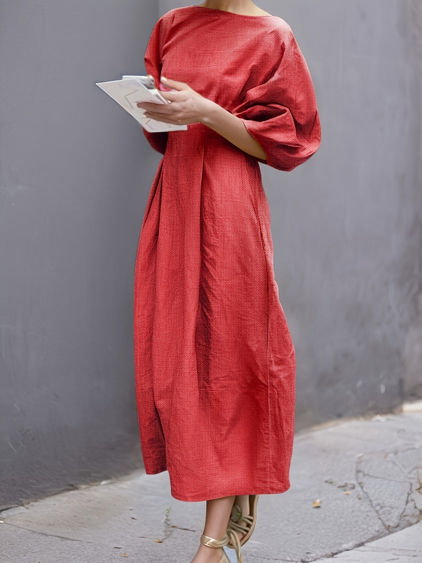 [Linen Puff Sleeve Dress] Summer Loose Linen Dress Solid Color Round Neck Puff Sleeves Casual Streetwear High Waist Midi Dresses