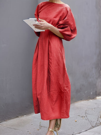 [Linen Puff Sleeve Dress] Summer Loose Linen Dress Solid Color Round Neck Puff Sleeves Casual Streetwear High Waist Midi Dresses