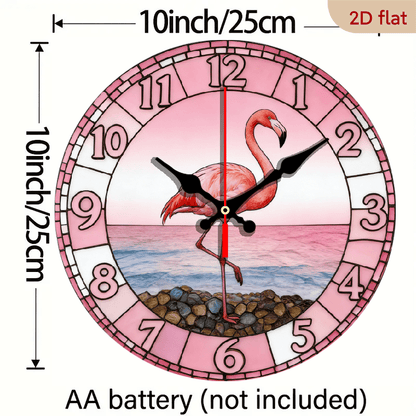 Nursery Wall Clock Pink Flamingo on Sunset Beach in Stained Glass Design for Tropical Home, Poolside, Bedroom Silent Non-Ticking Movement, Boho Coastal Decor, 10inch Nursery Decor Wood Clock, (Batteries Not Included), 2D Flat, 1pc, 2D Flat
