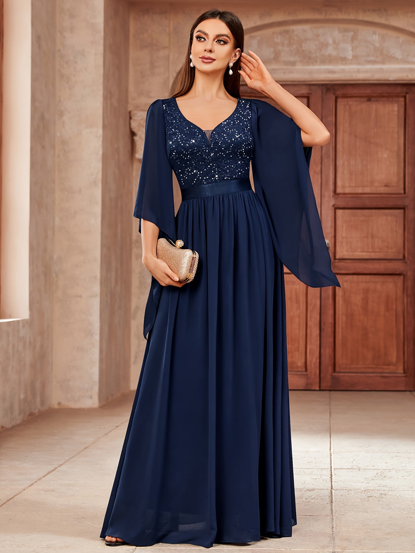 53303 Elegant Women's Lace & Sequin Bridesmaid Dress - A-Line Maxi Wedding Gown with 3/4 Bell Sleeves, V-Neck Color-Block (Bodice &), Machine Washable Bridesmaids Gown for Weddings, Parties, Prom