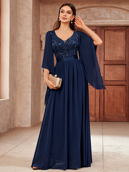 53303 Elegant Women's Lace & Sequin Bridesmaid Dress - A-Line Maxi Wedding Gown with 3/4 Bell Sleeves, V-Neck Color-Block (Bodice &), Machine Washable Bridesmaids Gown for Weddings, Parties, Prom