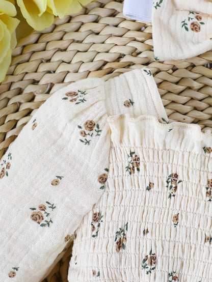 Baby Girl's Long-Sleeve Floral Romper And Bowknot Headband Set - Suitable for Babies Aged 3-24 Months, Perfect for Outdoor