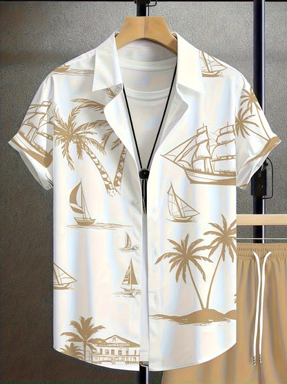 2pcs Summer Casual Daily Men's Shirt Shorts Set, Hawaiian Print Pattern, Suitable Outdoor Sports, Men's Beach Shorts Casual Round Neck Short Sleeve Shirt T-Shirt and Elastic Waistband Shorts, Ted Polyester Fabric, Washable