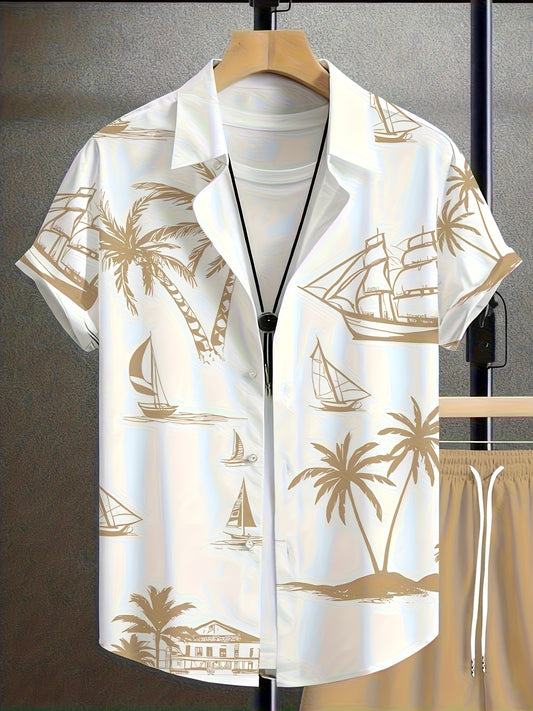 2pcs Summer Casual Daily Men's Shirt Shorts Set, Hawaiian Print Pattern, Suitable Outdoor Sports, Men's Beach Shorts Casual Round Neck Short Sleeve Shirt T-Shirt and Elastic Waistband Shorts, Ted Polyester Fabric, Washable