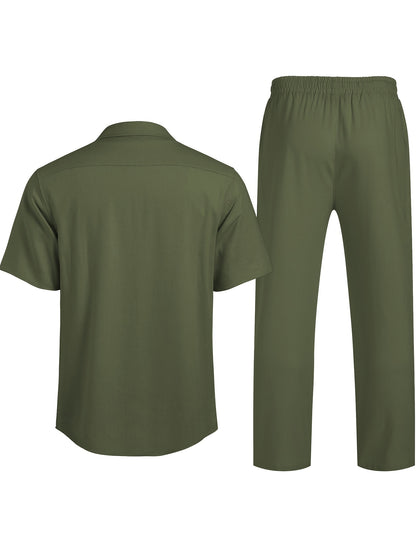 Men 2pcs Linen Outfit Beach Button- Shirt Casual Loose Pant Sets