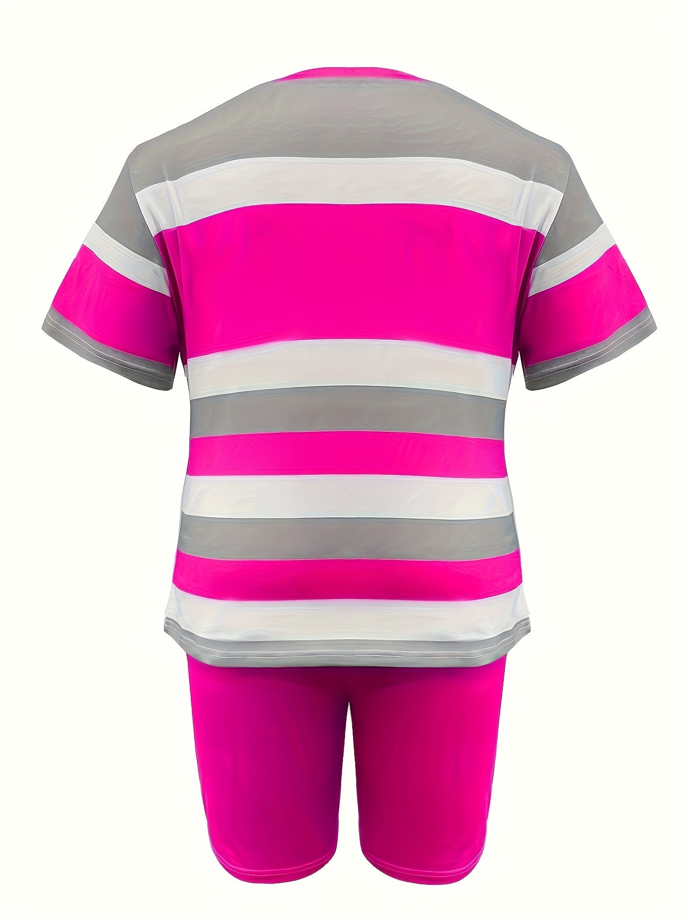 Women'S Casual Striped Short-sleeve Shorts Set, Featuring A Mix Of Floral And Striped Prints, With Pockets On The Shorts.