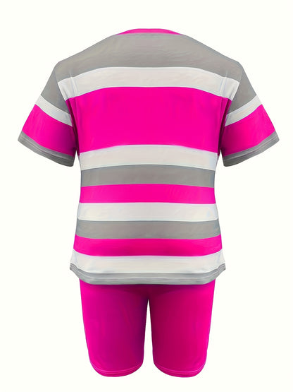 Women'S Casual Striped Short-sleeve Shorts Set, Featuring A Mix Of Floral And Striped Prints, With Pockets On The Shorts.