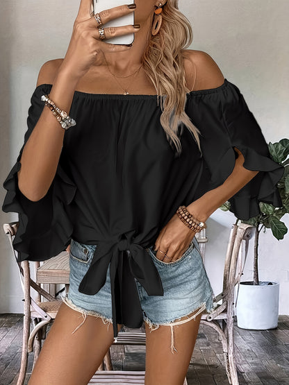 Women's Sexy Off-Shoulder Ruffle Trim Blouse - Lightweight 180gsm Polyester Three-Quarter Sleeve Top with Knot Hem, Machine Washable Casual Chic Shirt for Spring Summer Fall
