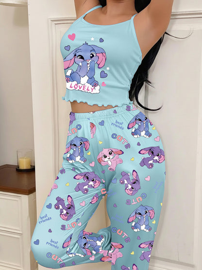 Kawaii Cami Set Women's Cute Rabbit Heart Letter "LOVELY" Print Strappy Top And Pants Sleepwear Set 2pcs Aesthetic Pajamas Sleepwear Pijamas De Mujer Ropa De Mujer Pijamas De Dormir Para Mujer Pajama Sets Women Pajama Sets Women