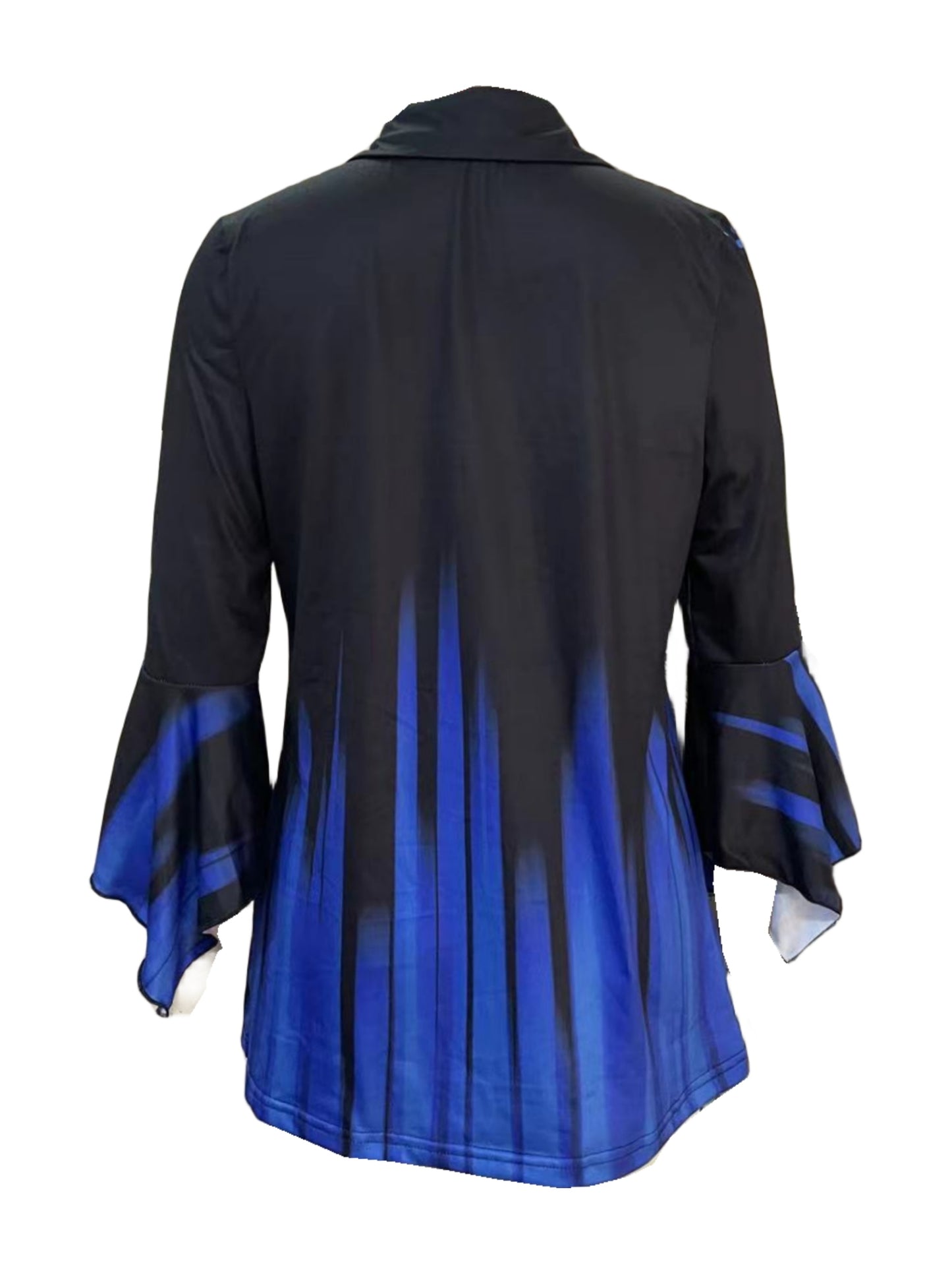 Spring And Autumn New Printed Lapel Blue Three-quarter Sleeve T-shirt Irregular Sleeve Button- Tops