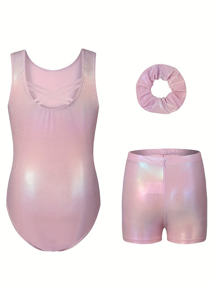 Girls' Sleeveless Gymnastics Bodysuit + Shorts + Headwear, Perfect for Outdoor