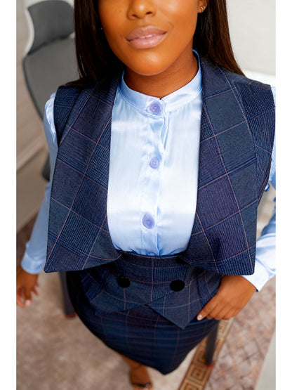 New Sexy Button Plaid Pencil Skirt Bodycon Skirt Set 2pcs Women's Seasonal Checkered Sleeveless Vest + High-Waisted Skirt Set | Intellectual Commuting Design, Creating A Professional Look, Suitable for Office Work And Business Meetings