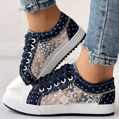 Plus Size Women's Breathable Mesh Flat Sneakers - Casual Low-Top with Floral Embroidery, Light Blue & White, Comfortable Lace-Up Shoes for All Seasons