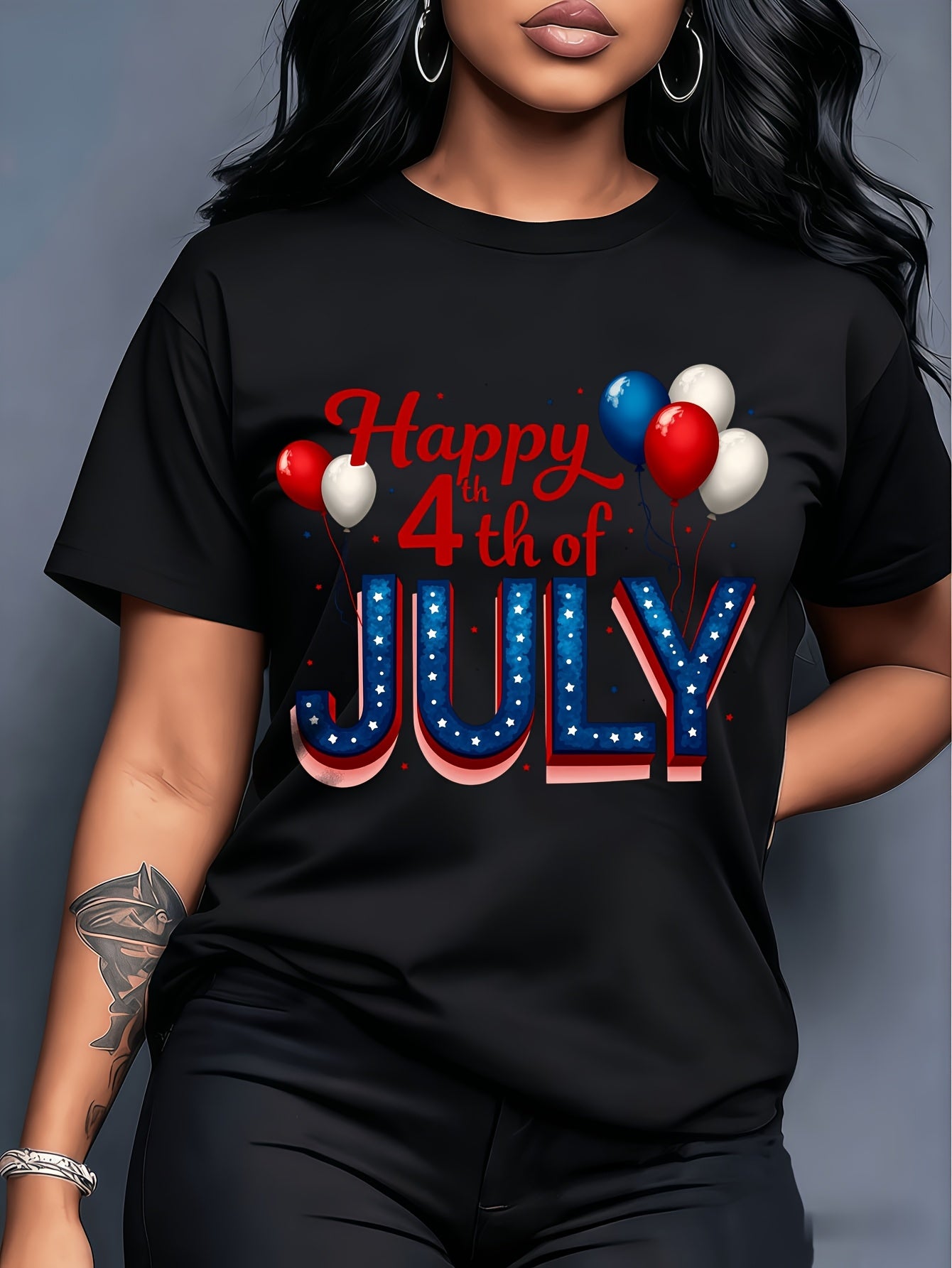 Plus Size - Plus Size - Plus Size - American Retro Style Happy 4Th of July Balloon Print Short-Sleeve T-Shirt, Fresh And Stylish, for Women, Spring And Summer, Casual And Versatile, Comfortable And Breathable, Machine Washable, Perfect for Home
