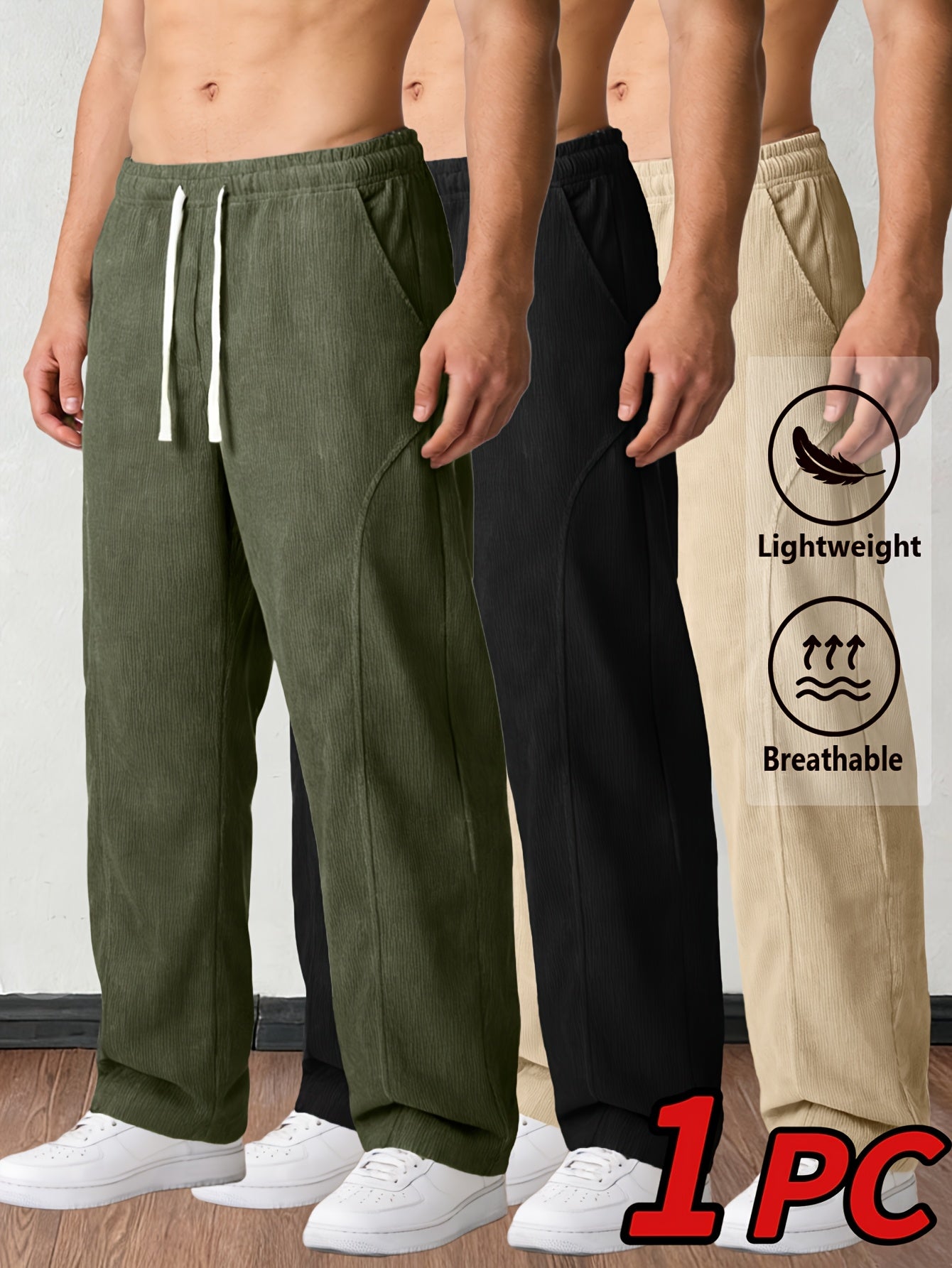 Men'S Solid Corduroy Straight Pants, Retro Pocket And Drawstring Waist, Breathable All-Season Trousers, Casual Daily And Workwear, Machine Washable, Comfortable Straight Fit Pants for Daily Activities