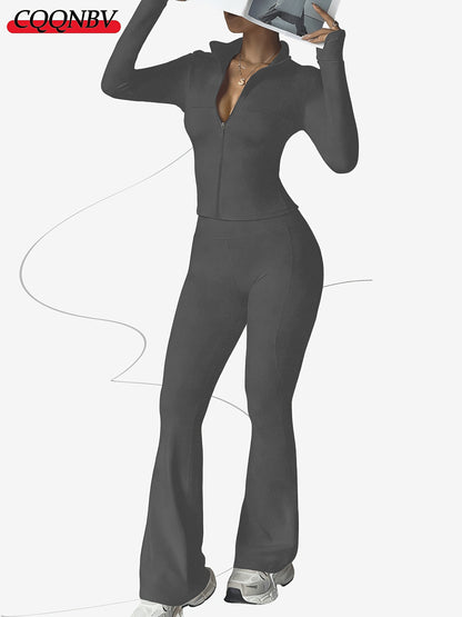 Zippered Long-sleeved Top with Flared Pants Set - Fashionable And Elegant Women's Outfit for Daily Casual Wear, And S. Available In Black, Gray And Beige Colors. Women's Tight Casual Outdoor Attire.