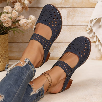 New Summer Women'S High Heel Sandals, Elegant Retro Openwork Breathable Design, Bonded Sewing Craftsmanship, Printed Strap One-Touch Slip-On Style, European And American Style Round Toe Chunky Heel, Back-To-School Season Women'S Shoes, Women Shoes