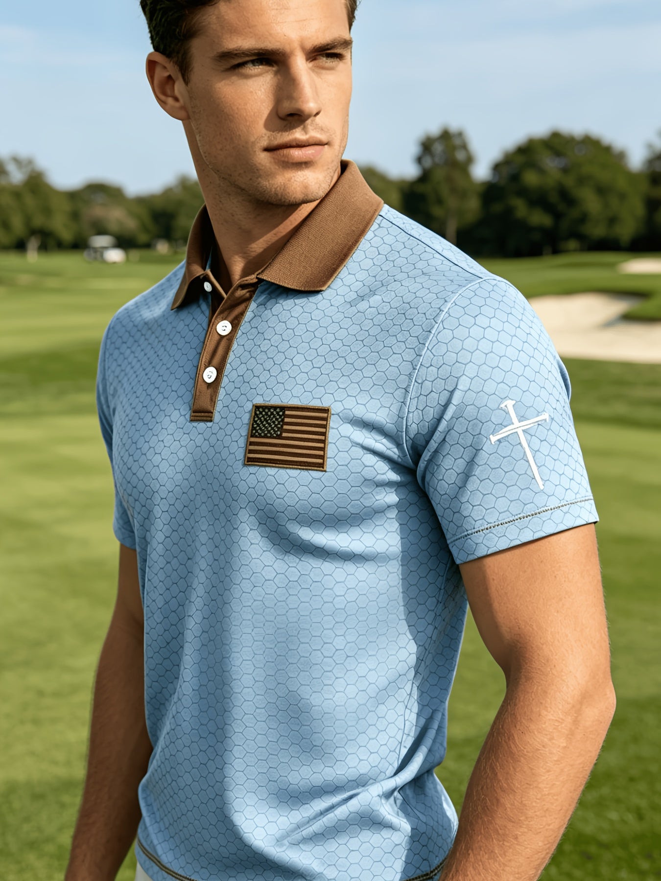 American Flag Gradient Cross Print Polo Shirt for Men's Casual Lapel Short Sleeved Patriotic Themed Commuting Top, American Flag Armband Contrasting Striped Short Sleeved Casual Business Lapel Top