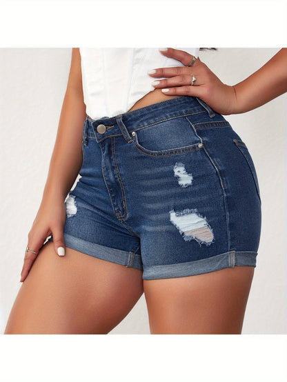 2025 Summer Western Distressed Denim Shorts, High-Stretch Cuffed, Trendy Comfort, Ships Fast!