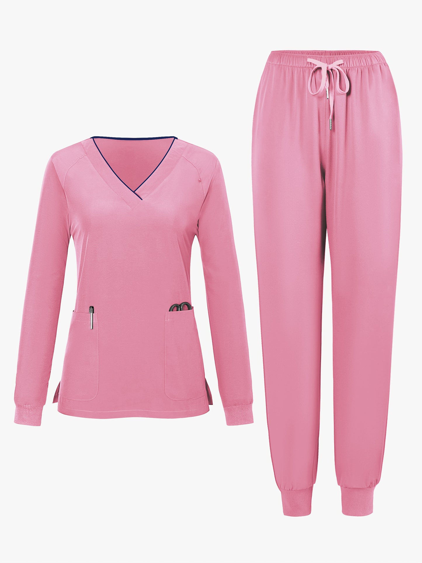 2pcs Women's V-Neck Matte Suit with Long Sleeve Stretch S Uniform Work Clothes Washable Pockets Breathable Elastic Top And Waist Cord Pocket Pants Set