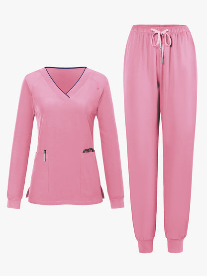 2pcs Women's V-Neck Matte Suit with Long Sleeve Stretch S Uniform Work Clothes Washable Pockets Breathable Elastic Top And Waist Cord Pocket Pants Set
