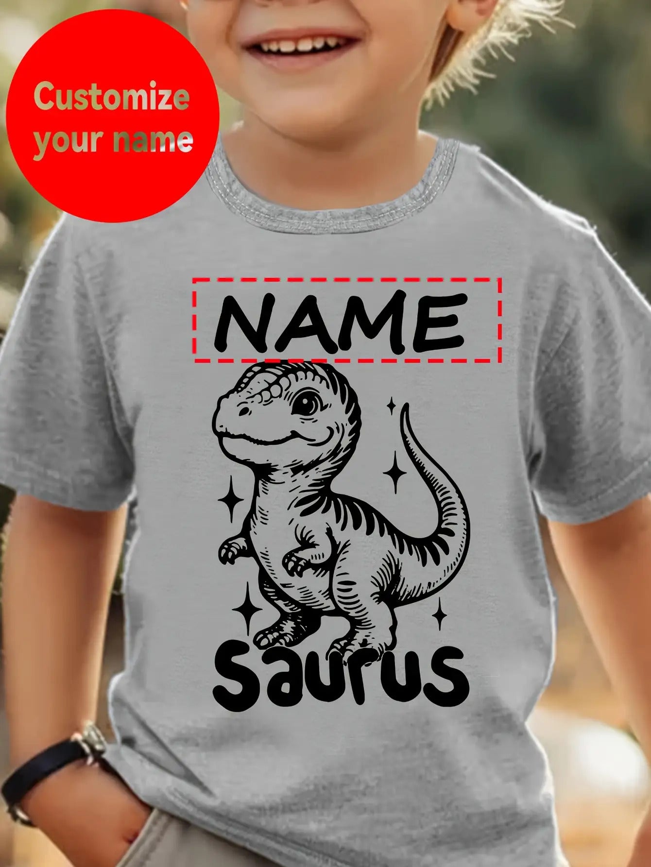 [Custom Product] Boys' T-Shirt with Name Customization, Cute Dinosaur Pattern Print, Simple Trendy Round Neck Outdoor Short Sleeve Homewear Top Gift