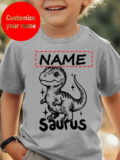 [Custom Product] Boys' T-Shirt with Name Customization, Cute Dinosaur Pattern Print, Simple Trendy Round Neck Outdoor Short Sleeve Homewear Top Gift