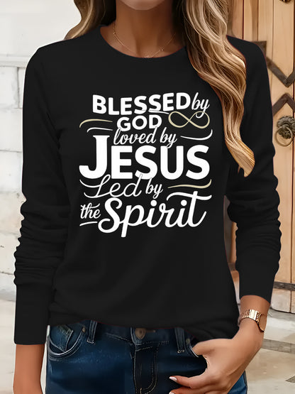 Faith Name Printed T-Shirt - Soft Stretch Long Sleeve Top Suitable for Spring Summer Fall, Casual Casual Attire with Asymmetric Faith Name Print, Machine Washable Blouse (No)