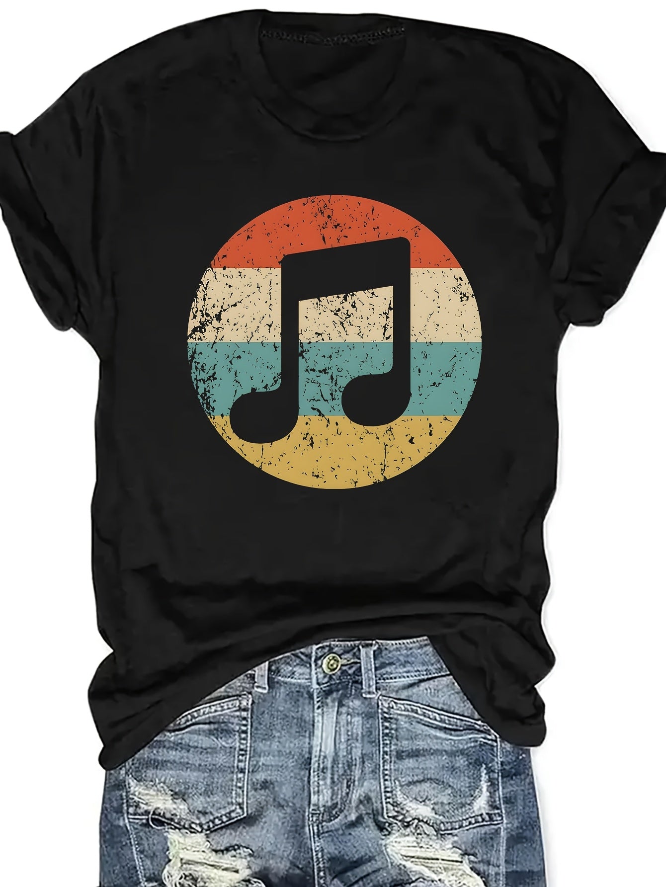 Women's Casual Music Note & Rest Signature () T-Shirt - Round Neck Short Sleeve Top, Non-Transparent Fabric Suitable for Festivals, Concerts & Daily Wear - Machine Washable Musical Score Blouse