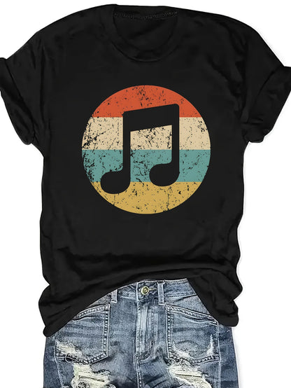 Women's Casual Music Note & Rest Signature () T-Shirt - Round Neck Short Sleeve Top, Non-Transparent Fabric Suitable for Festivals, Concerts & Daily Wear - Machine Washable Musical Score Blouse
