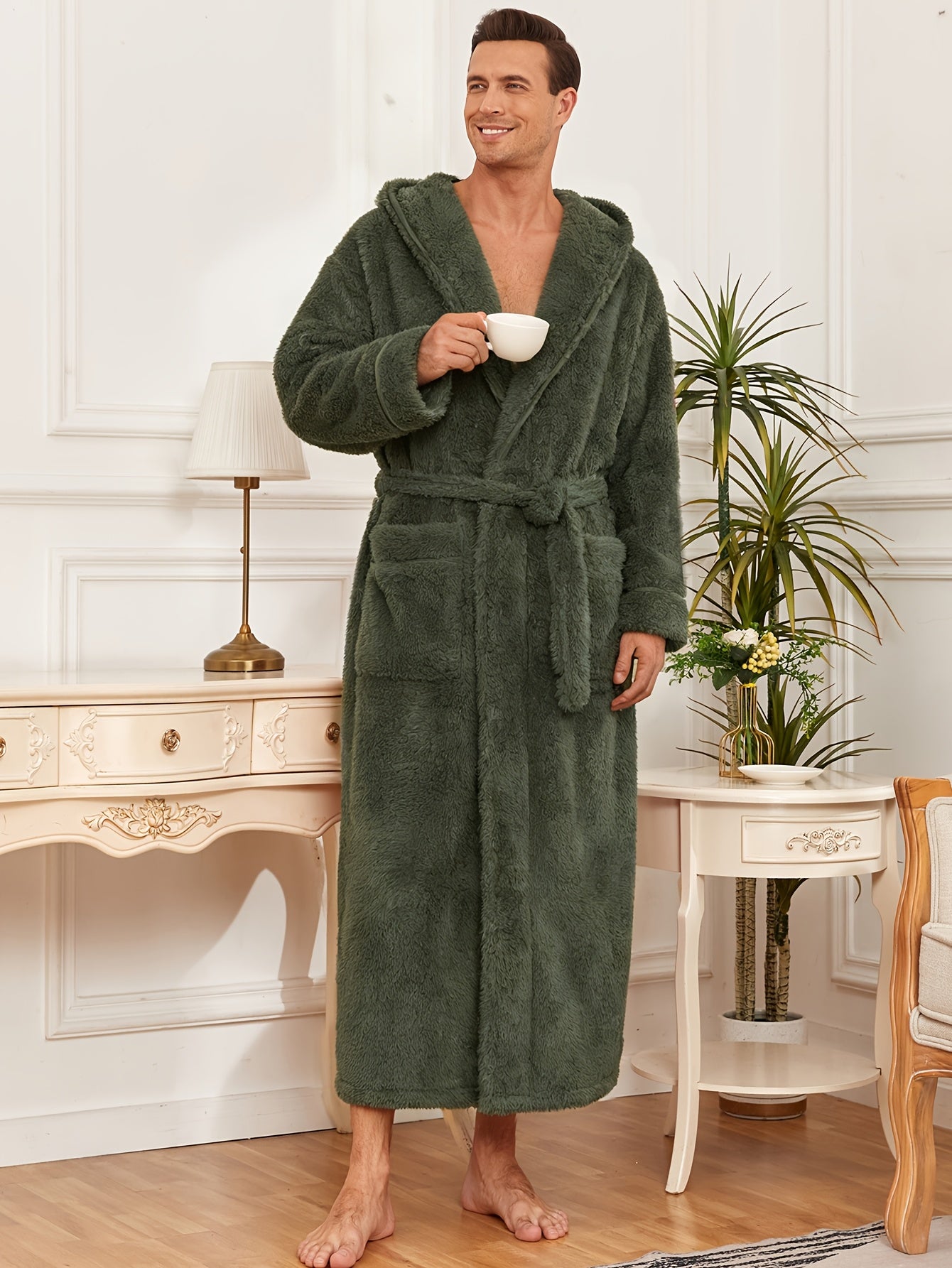 Men'S Thickened Flannel Hooded Bathrobe - Soft Plush Long Sleeve Robe with Pockets, Warm & Breathable Winterrobe for Home, Spa