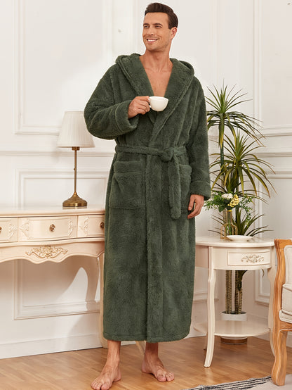 Men'S Thickened Flannel Hooded Bathrobe - Soft Plush Long Sleeve Robe with Pockets, Warm & Breathable Winterrobe for Home, Spa