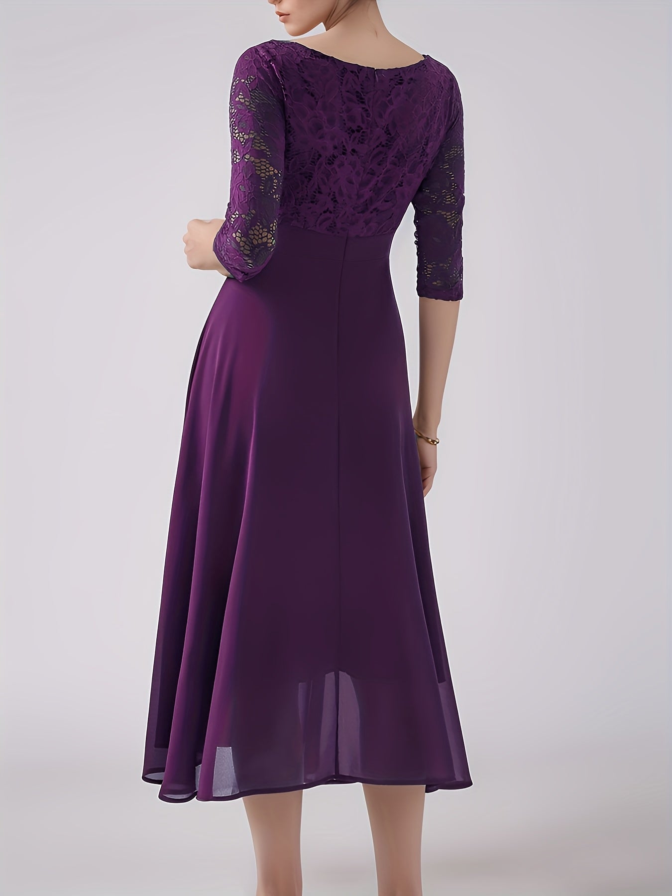 Elegant Navy Blue Lace-Trimmed Chiffon Evening Gown with Short Sleeves And Flowing Skirt, Perfect for Formal Events And Parties, Formal Evening Gown
