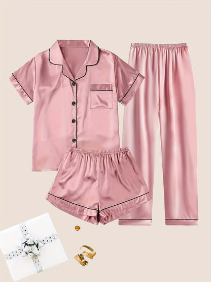 Women'S Solid Satin Casual Pajama Set, Short Sleeve Buttons Lapel Top & Shorts & Pants, Comfortable Relaxed Fit