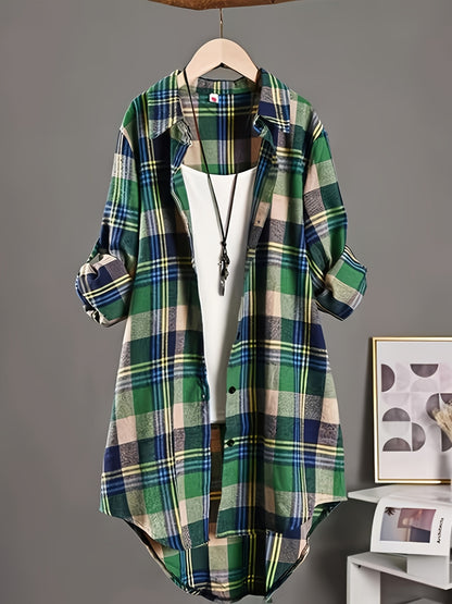 Plus Size, Plus Size Pure Mid-Length Plaid Long Sleeve Shirt for Women, Korean Style Loose Fit Versatile Casual Shirt Cardigan Outerwear, Suitable for Christmas, New Year, Valentine's Day Holiday Outfits, Skin-Friendly Fabric Texture