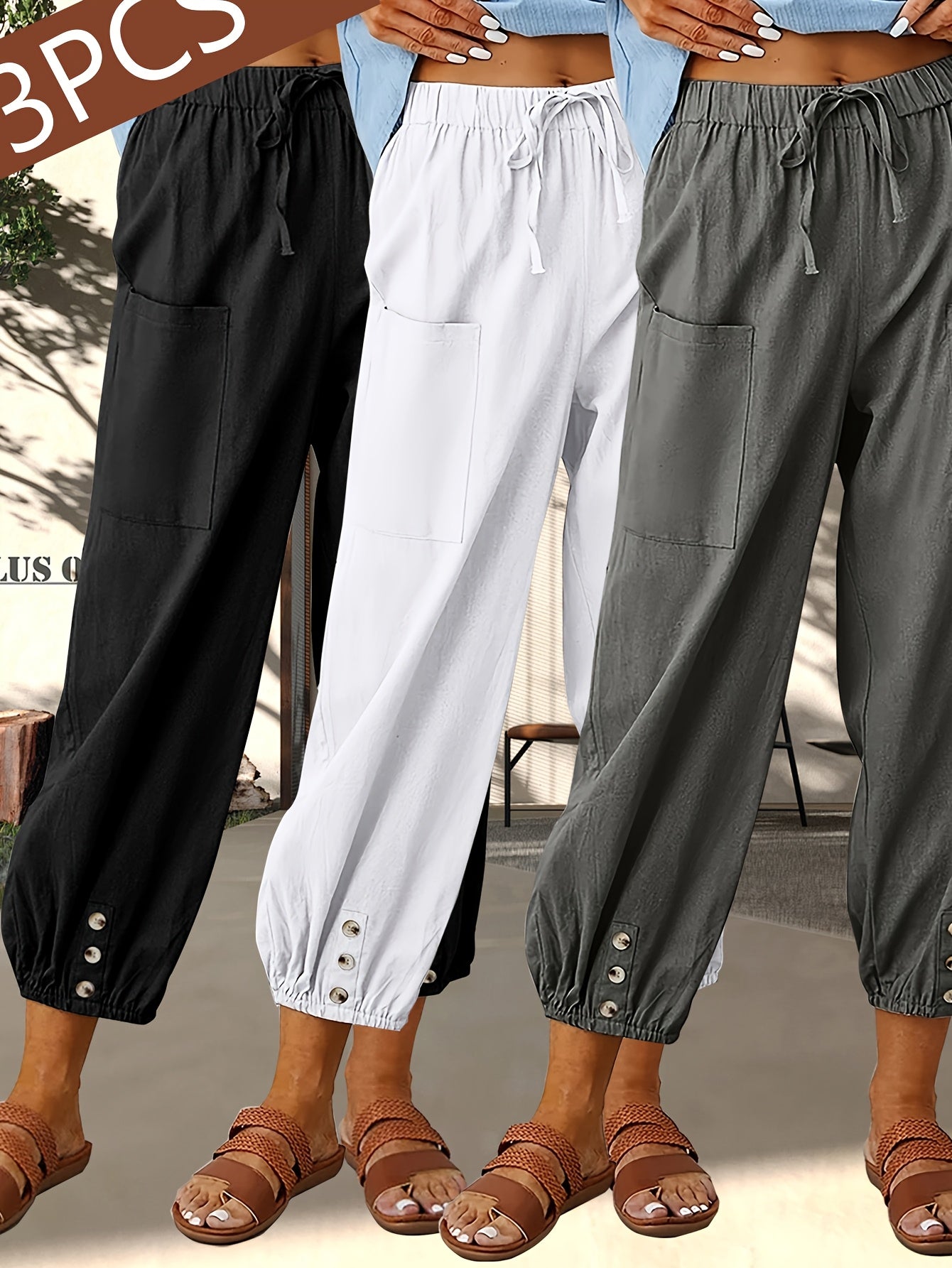 3-Pack Women'S Loose Casual Pants, Solid Color Linen Blend Wide-Leg Trousers With Pockets, For Daily Commute & Casual Wear