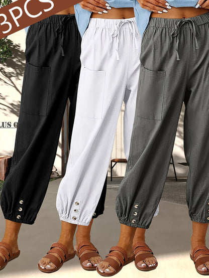 3-Pack Women'S Loose Casual Pants, Solid Color Linen Blend Wide-Leg Trousers With Pockets, For Daily Commute & Casual Wear