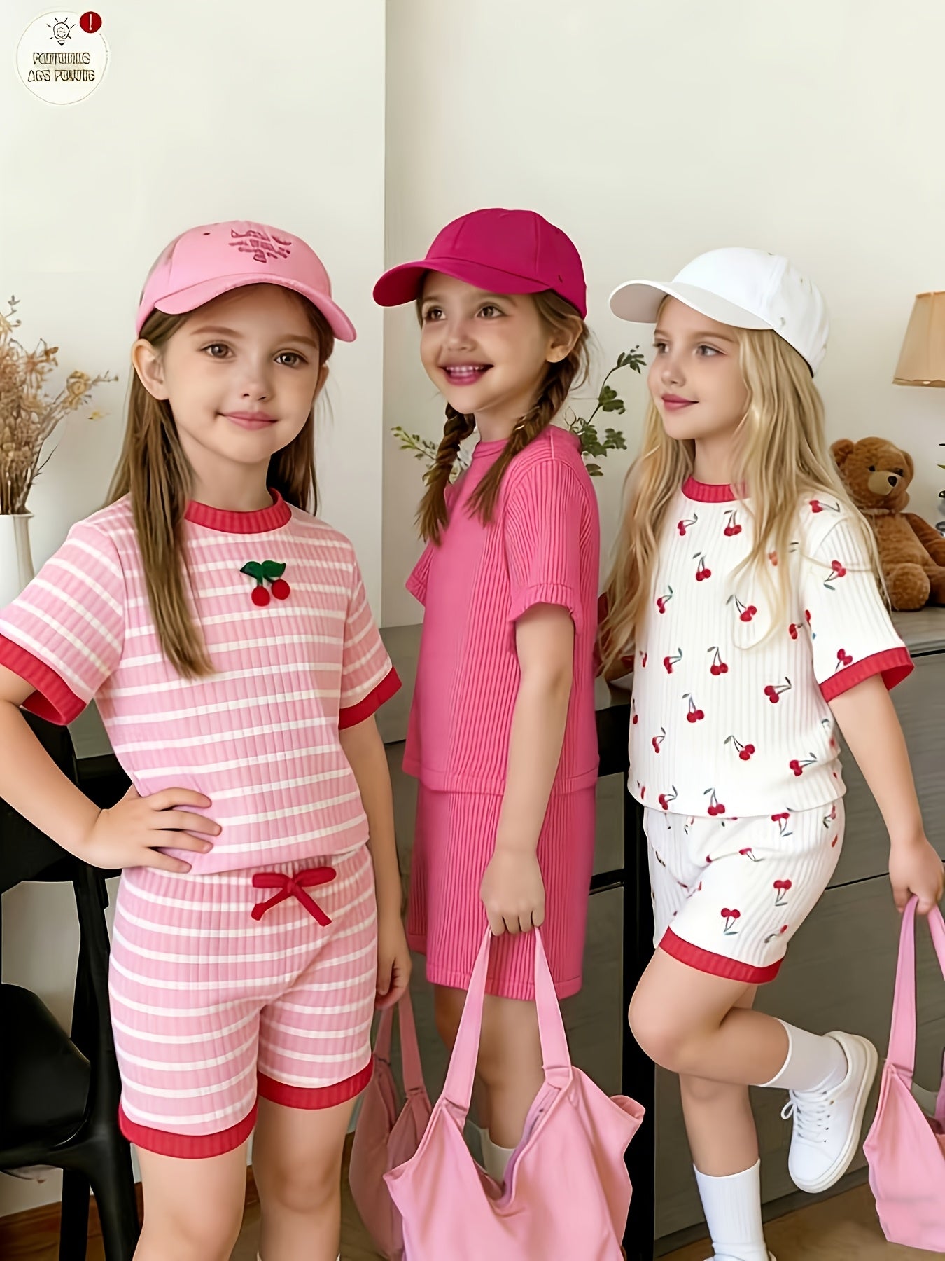 6pcs Set Of Girls' Summer New Cherry Fruit Pattern Short-sleeve And Shorts Comfortable Outfit, Perfect for Outdoor