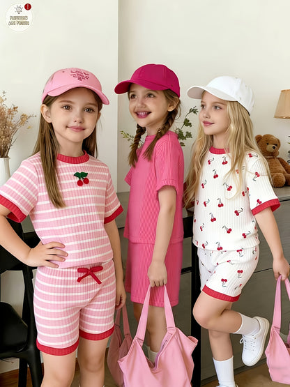 6pcs Set Of Girls' Summer New Cherry Fruit Pattern Short-sleeve And Shorts Comfortable Outfit, Perfect for Outdoor