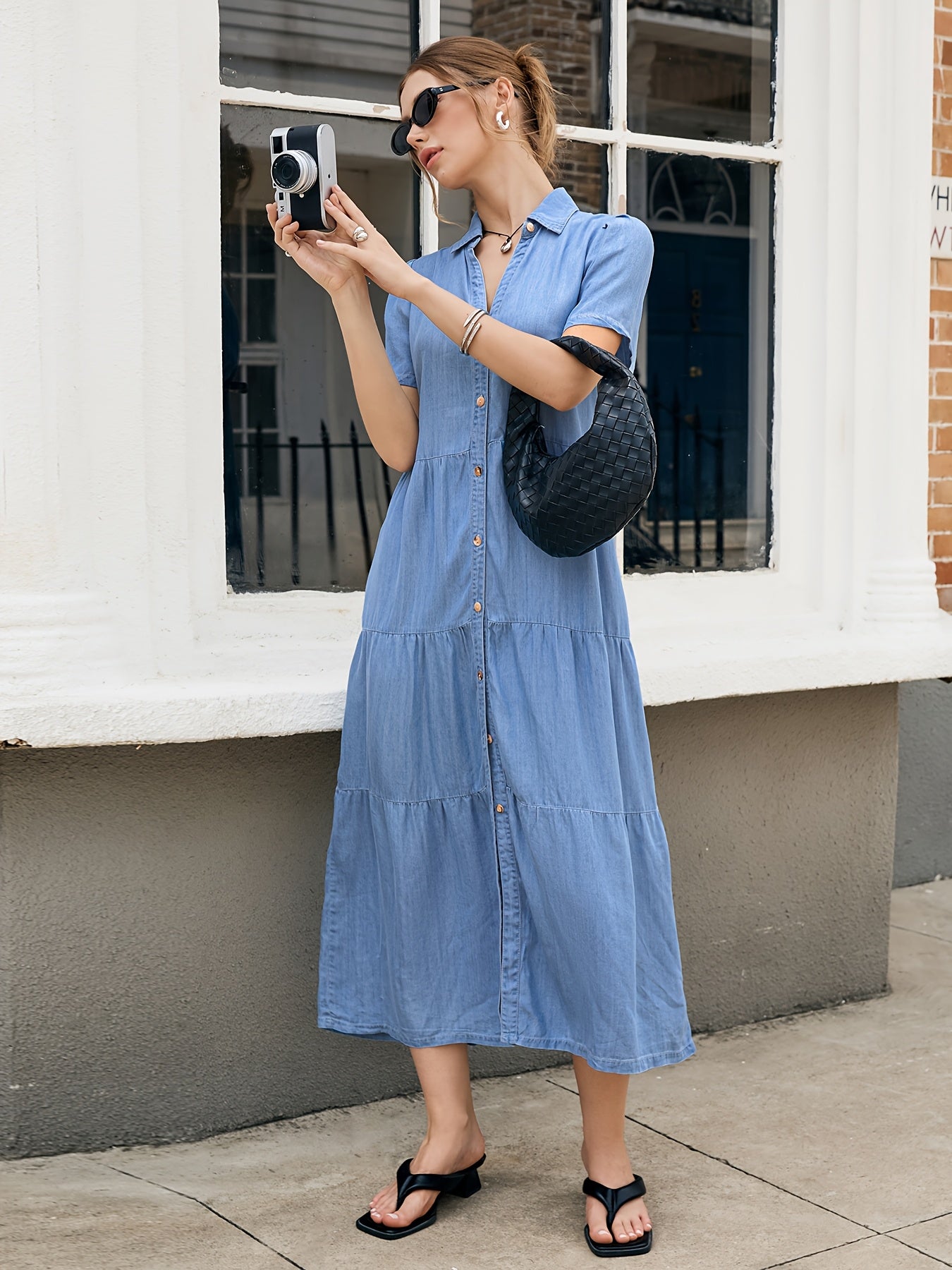Women'S Light Blue Lyocell Denim Dress - Elegant V-Neck Short Sleeve Multi-Tiered Ruffled Hem Casual Vacation Dress, Machine Washable Regular Fit All-Season Wear