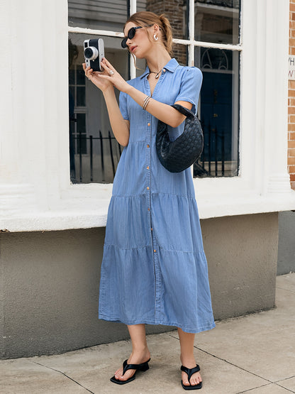 Women'S Light Blue Lyocell Denim Dress - Elegant V-Neck Short Sleeve Multi-Tiered Ruffled Hem Casual Vacation Dress, Machine Washable Regular Fit All-Season Wear