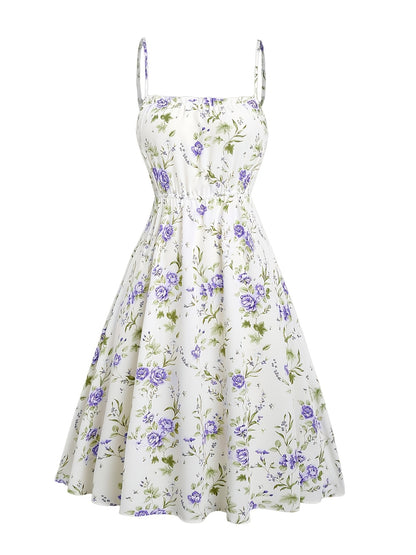 Floral Print Waisted Sleeveless Cami Dress And Solid Lace Up Short Sleeve Crop Top Set