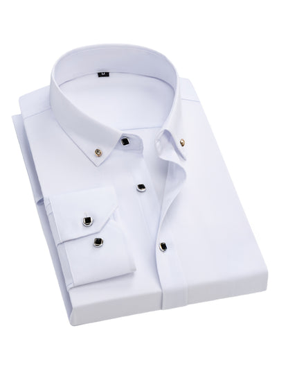 Father'S Day Gift Choice, Men'S Long Sleeve Button Shirt, Crystal Button Design, Solid Color Plain Formal Business Attire, Great As Gift for Party, Wedding, Date Dress Shirt