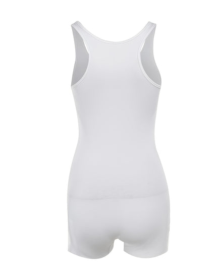 Women's Casual White Sleeveless Raw Hem Tank Romper with Bold "WET" Print Sexy Slim Fit Bodysuits