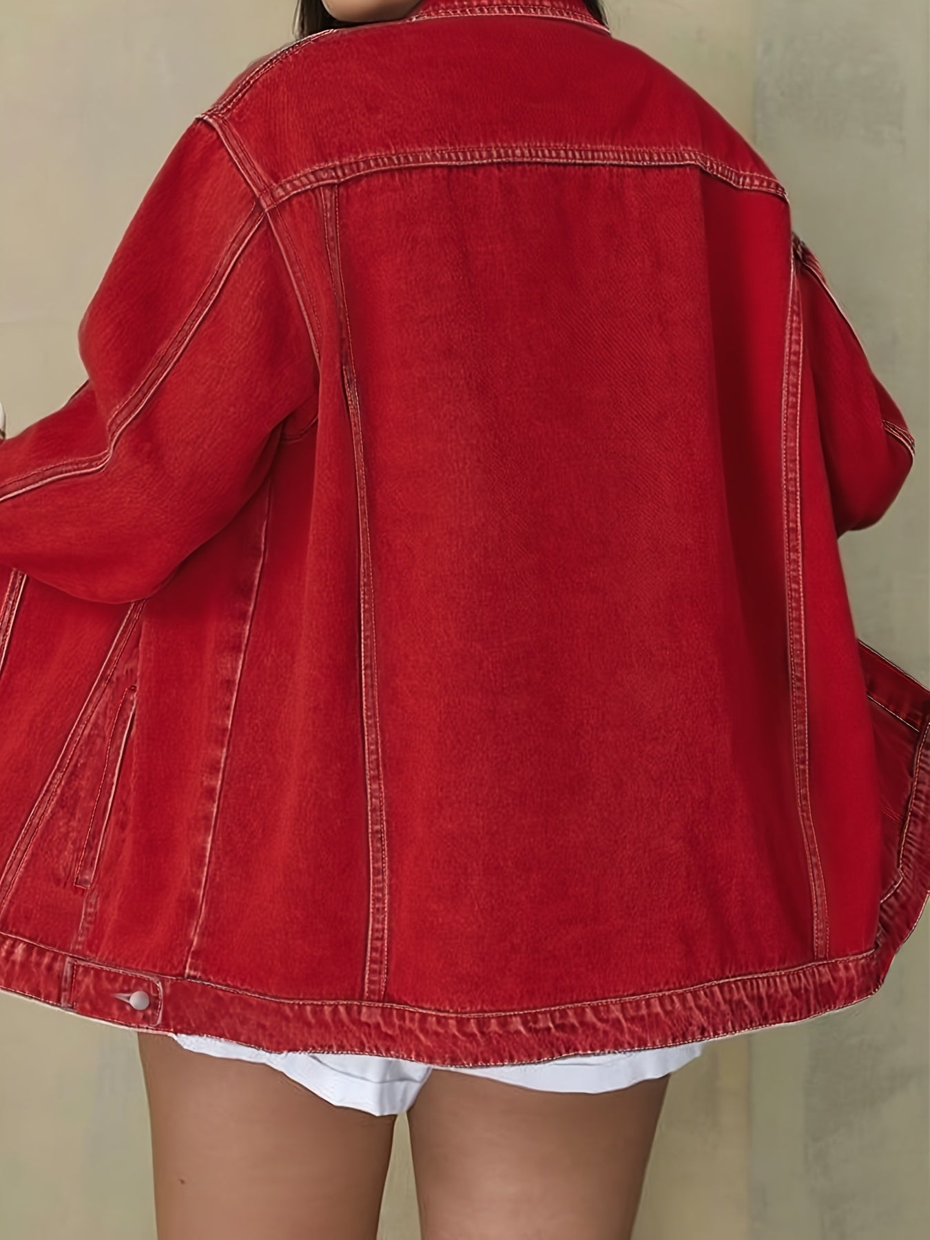 Plus Size Solid Color Collared Button-Front Denim Jacket - Women's Mature Stylish Street Casual Style Loose Fit Daily Comfortable Autumn Winter Plus Size Denim Top