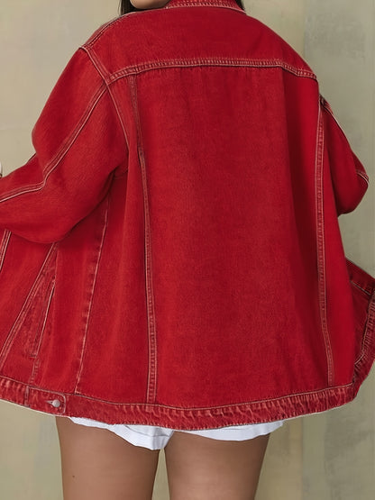Plus Size Solid Color Collared Button-Front Denim Jacket - Women's Mature Stylish Street Casual Style Loose Fit Daily Comfortable Autumn Winter Plus Size Denim Top