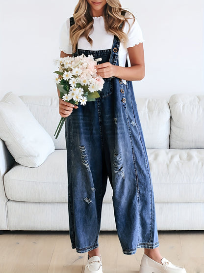 Casual Denim Overalls for Women Featuring a Loose Fit, Adjustable Straps, Distressed Design, And Pockets