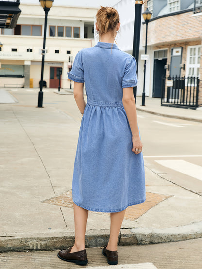 [Elegant Denim Dress] Elegant Denim Dress - Stylish Solid Color, Non-Stretch Fabric, Regular Fit with Pockets, Short Sleeve, Long Length, Spring/Summer/Fall Fashion