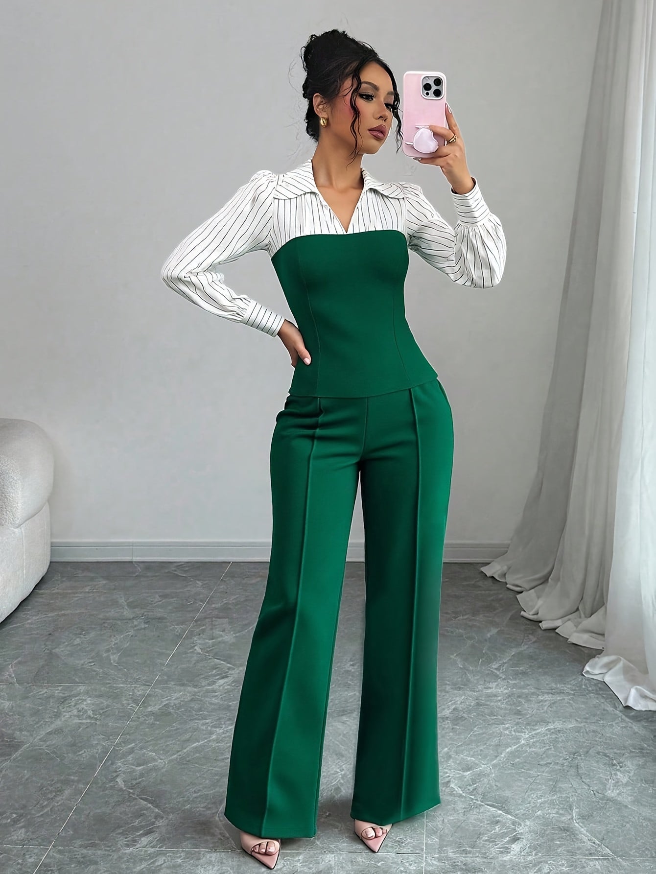 2pcss Women'S Thin Striped Patchwork Elegant Casual 2pcs Set, Long Sleeve Top And Pants